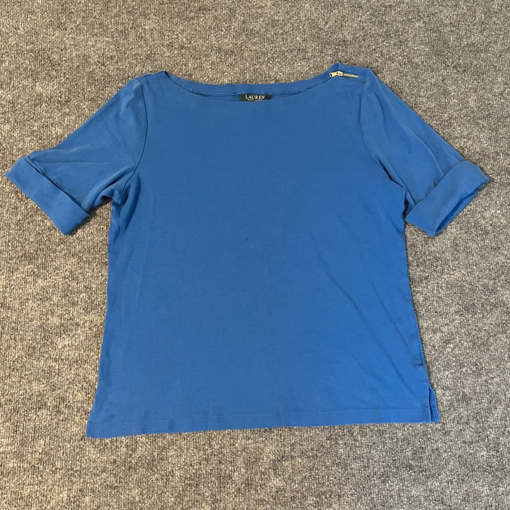 Lauren Ralph Lauren Blue Boat Neck Short Sleeve Zipper Shoulder Top Size M